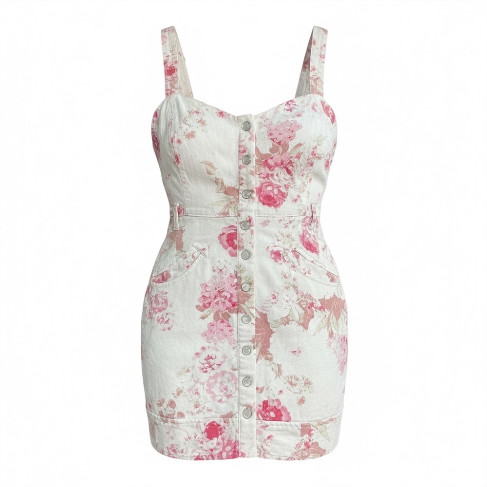For Love &‎ Lemons Weston Floral Button Front Denim Mini Dress Pink White SMall